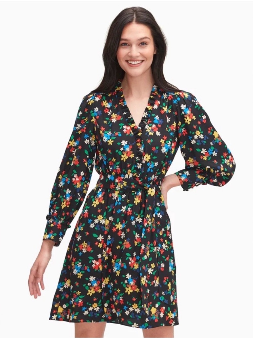 kate spade Black Floral Tie-Waist Long Sleeve Dress